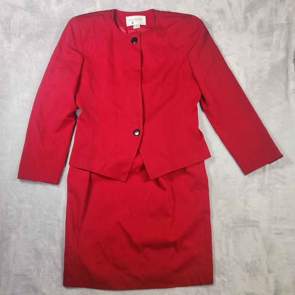 Vintage Christian Dior Skirt Suit 100% Worsted Wool Red Size 8 Made In USA Cute